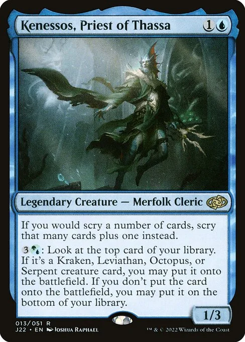 Kenessos, Priest of Thassa, carta Magic di tipo Legendary Creature — Merfolk Cleric illustrata da Joshua Raphael