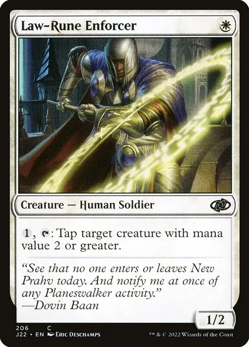 Law-Rune Enforcer, carta Magic di tipo Creature — Human Soldier illustrata da Eric Deschamps