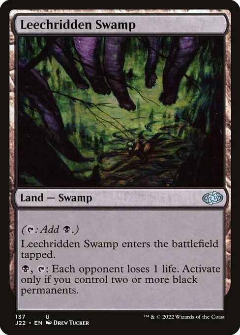 Leechridden Swamp, carta Magic di tipo Land — Swamp illustrata da Drew Tucker