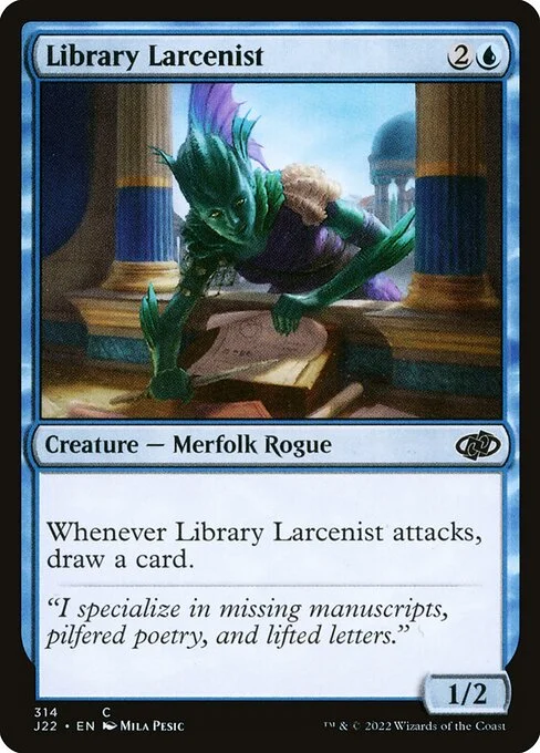 Library Larcenist, carta Magic di tipo Creature — Merfolk Rogue illustrata da Mila Pesic