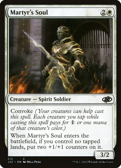 Martyr's Soul, carta Magic di tipo Creature — Spirit Soldier illustrata da Mila Pesic