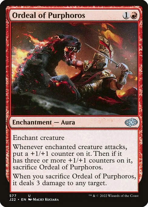 Ordeal of Purphoros, carta Magic di tipo Enchantment — Aura illustrata da Maciej Kuciara