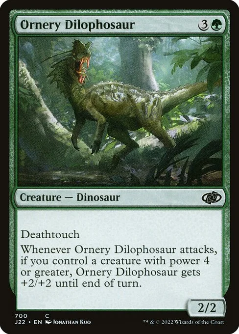 Ornery Dilophosaur, carta Magic di tipo Creature — Dinosaur illustrata da Jonathan Kuo