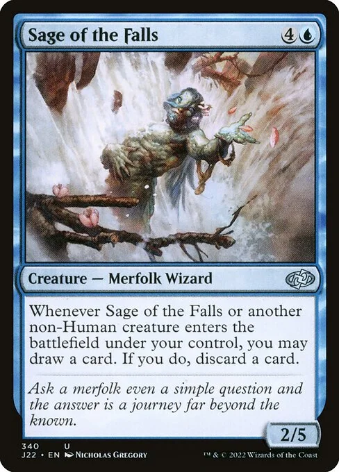 Sage of the Falls, carta Magic di tipo Creature — Merfolk Wizard illustrata da Nicholas Gregory