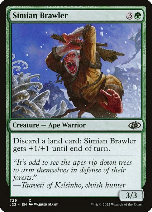 Simian Brawler, carta Magic di tipo Creature — Ape Warrior illustrata da Warren Mahy