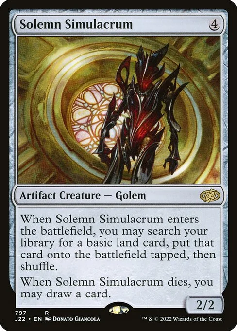 Solemn Simulacrum, carta Magic di tipo Artifact Creature — Golem illustrata da Donato Giancola