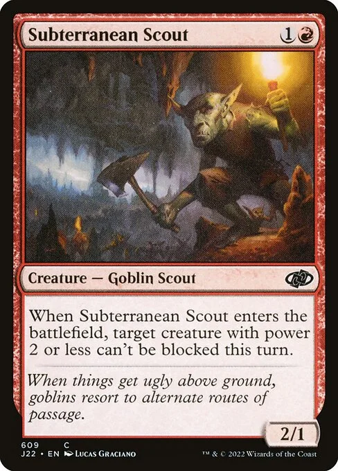 Subterranean Scout, carta Magic di tipo Creature — Goblin Scout illustrata da Lucas Graciano