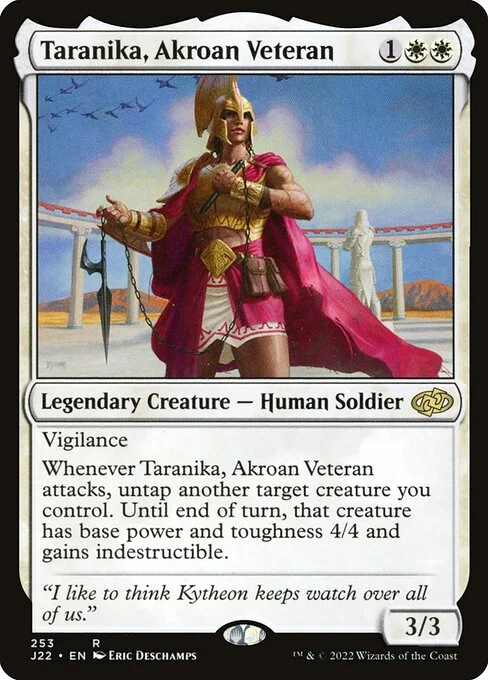 Taranika, Akroan Veteran, carta Magic di tipo Legendary Creature — Human Soldier illustrata da Eric Deschamps