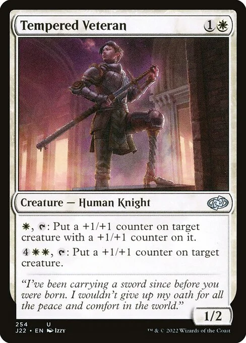 Tempered Veteran, carta Magic di tipo Creature — Human Knight illustrata da Izzy