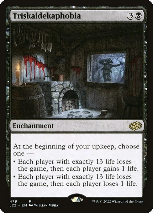 Triskaidekaphobia, carta Magic di tipo Enchantment illustrata da Willian Murai