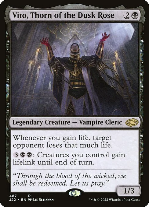 Vito, Thorn of the Dusk Rose, carta Magic di tipo Legendary Creature — Vampire Cleric illustrata da Lie Setiawan