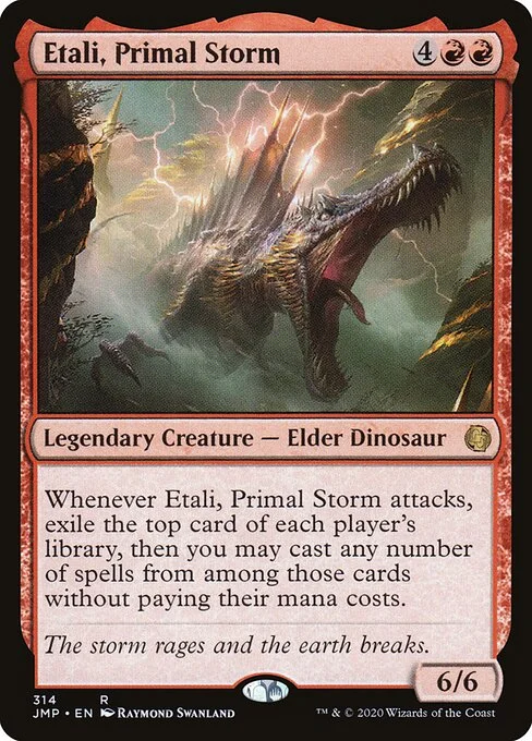 Etali, Primal Storm, carta Magic di tipo Legendary Creature — Elder Dinosaur illustrata da Raymond Swanland