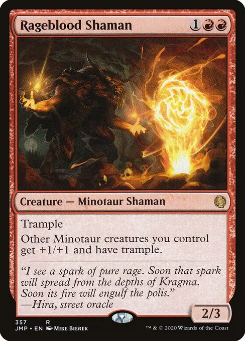 Rageblood Shaman, carta Magic di tipo Creature — Minotaur Shaman illustrata da Mike Bierek