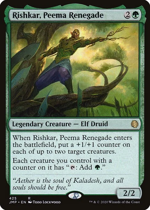 Rishkar, Peema Renegade, carta Magic di tipo Legendary Creature — Elf Druid illustrata da Todd Lockwood