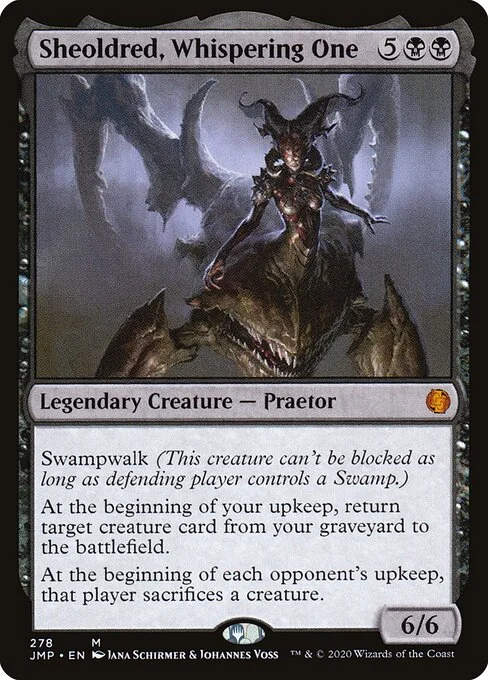 Sheoldred, Whispering One, carta Magic di tipo Legendary Creature — Phyrexian Praetor illustrata da Jana Schirmer & Johannes Voss