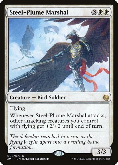 Steel-Plume Marshal, carta Magic di tipo Creature — Bird Soldier illustrata da Cristi Balanescu