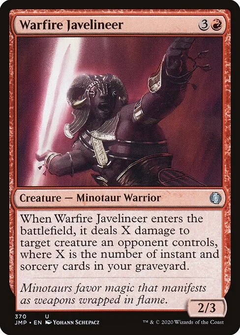 Warfire Javelineer, carta Magic di tipo Creature — Minotaur Warrior illustrata da Yohann Schepacz