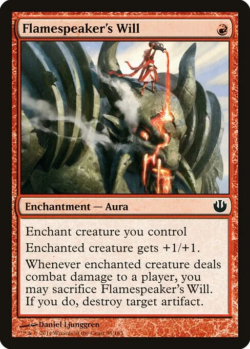 Flamespeaker's Will, carta Magic di tipo Enchantment — Aura illustrata da Daniel Ljunggren