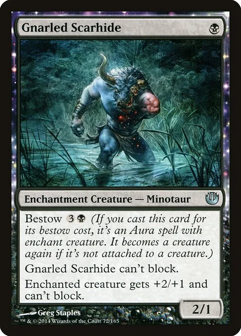 Gnarled Scarhide, carta Magic di tipo Enchantment Creature — Minotaur illustrata da Greg Staples