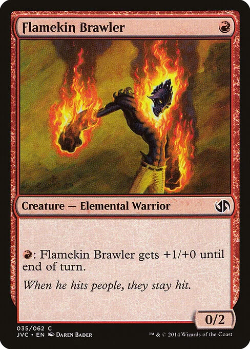 Flamekin Brawler, carta Magic di tipo Creature — Elemental Warrior illustrata da Daren Bader
