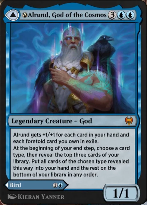 A-Alrund, God of the Cosmos // A-Hakka, Whispering Raven, carta Magic di tipo Legendary Creature — God // Legendary Creature — Bird illustrata da Kieran Yanner