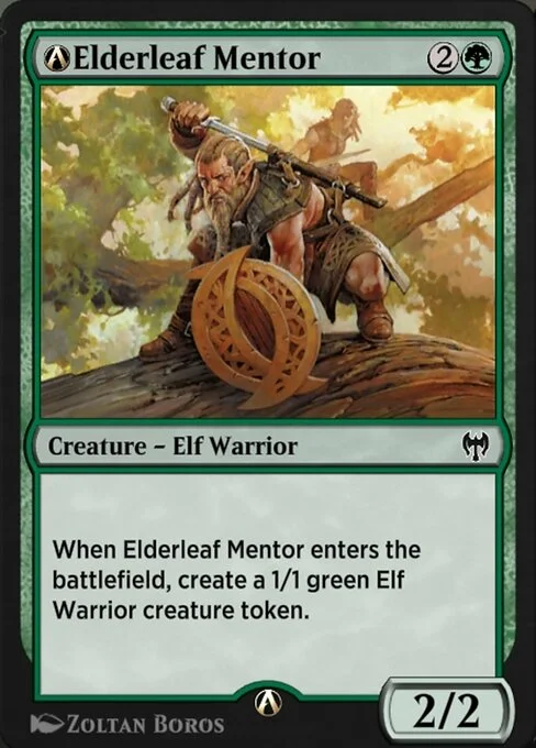 A-Elderleaf Mentor, carta Magic di tipo Creature — Elf Warrior illustrata da Zoltan Boros