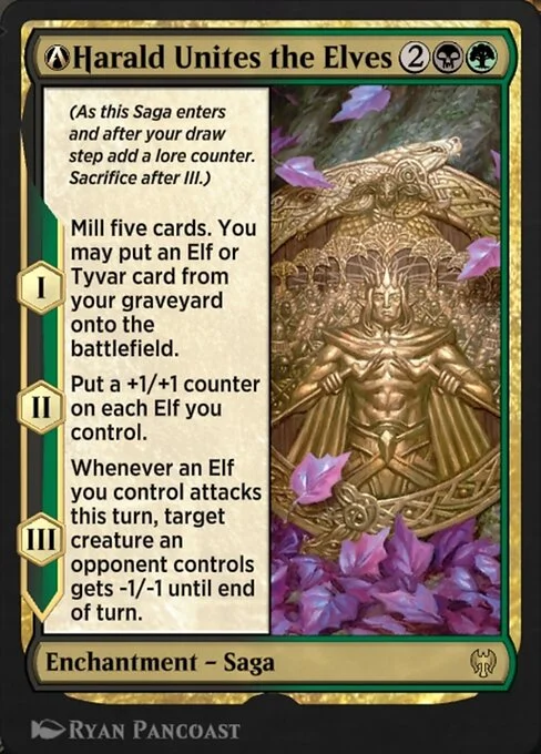 A-Harald Unites the Elves, carta Magic di tipo Enchantment — Saga illustrata da Ryan Pancoast