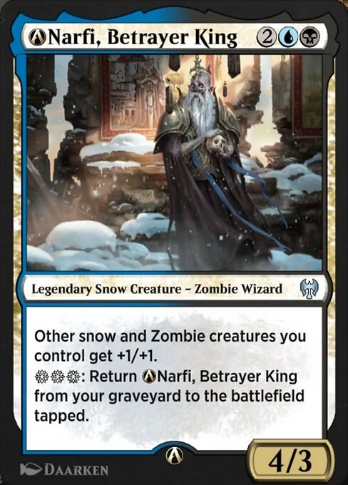 A-Narfi, Betrayer King, carta Magic di tipo Legendary Snow Creature — Zombie Wizard illustrata da Daarken