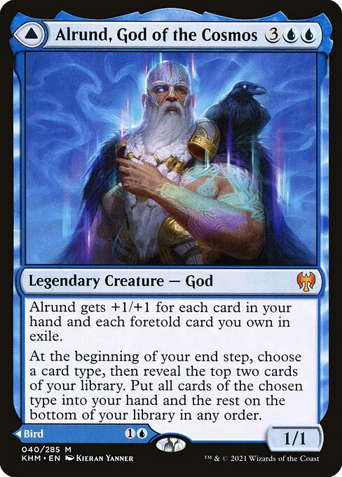 Alrund, God of the Cosmos // Hakka, Whispering Raven, carta Magic di tipo Legendary Creature — God // Legendary Creature — Bird illustrata da Kieran Yanner