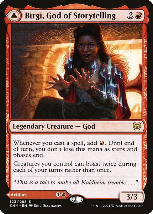 Birgi, God of Storytelling // Harnfel, Horn of Bounty, carta Magic di tipo Legendary Creature — God // Legendary Artifact illustrata da Eric Deschamps