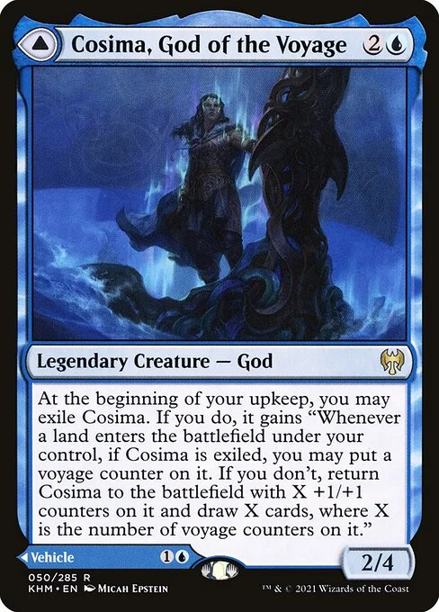 Cosima, God of the Voyage // The Omenkeel, carta Magic di tipo Legendary Creature — God // Legendary Artifact — Vehicle illustrata da Micah Epstein