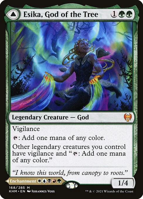 Esika, God of the Tree // The Prismatic Bridge, carta Magic di tipo Legendary Creature — God // Legendary Enchantment illustrata da Johannes Voss