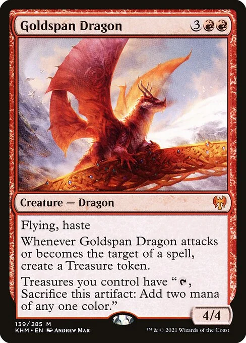 Goldspan Dragon, carta Magic di tipo Creature — Dragon illustrata da Andrew Mar