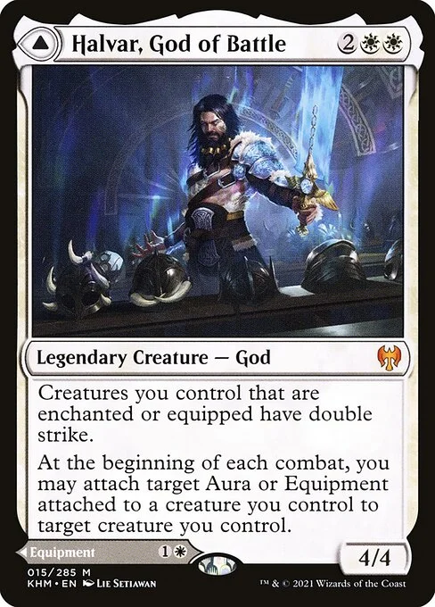 Halvar, God of Battle // Sword of the Realms, carta Magic di tipo Legendary Creature — God // Legendary Artifact — Equipment illustrata da Lie Setiawan