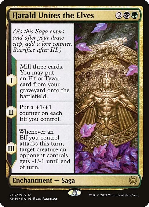 Harald Unites the Elves, carta Magic di tipo Enchantment — Saga illustrata da Ryan Pancoast
