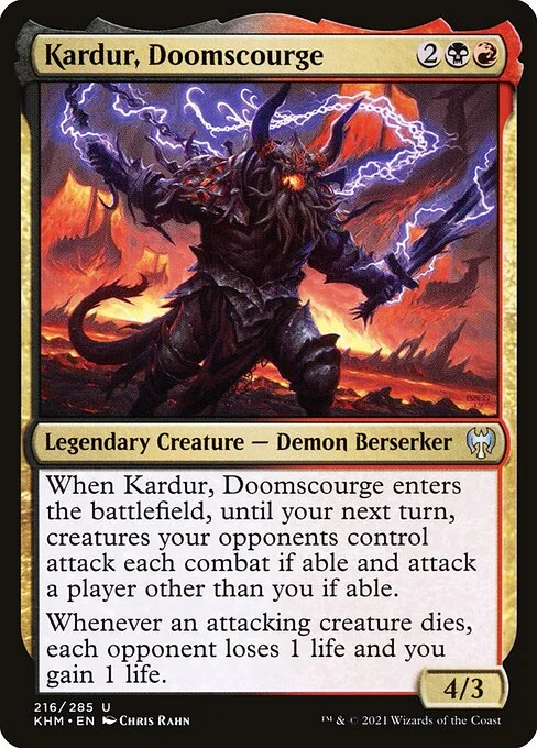 Kardur, Doomscourge, carta Magic di tipo Legendary Creature — Demon Berserker illustrata da Chris Rahn