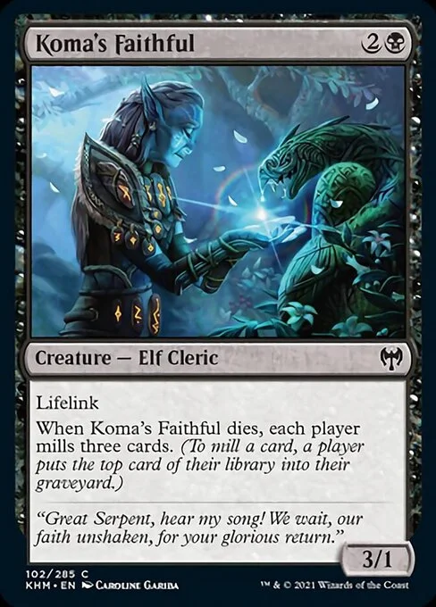 Koma's Faithful, carta Magic di tipo Creature — Elf Cleric illustrata da Caroline Gariba
