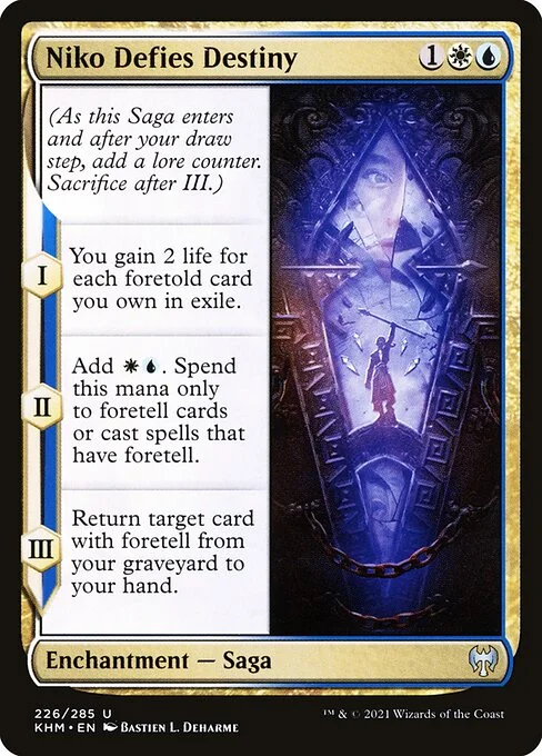 Niko Defies Destiny, carta Magic di tipo Enchantment — Saga illustrata da Bastien L. Deharme