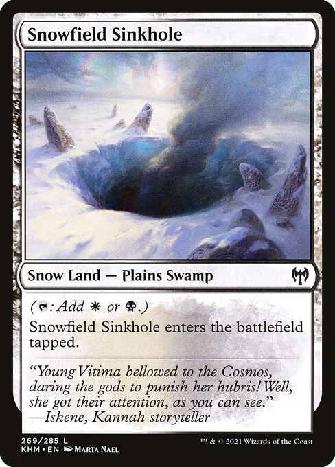 Snowfield Sinkhole, carta Magic di tipo Snow Land — Plains Swamp illustrata da Marta Nael