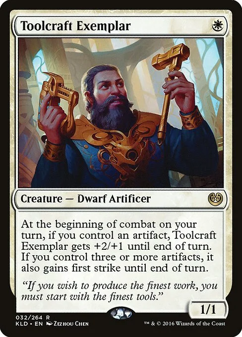 Toolcraft Exemplar, carta Magic di tipo Creature — Dwarf Artificer illustrata da Zezhou Chen