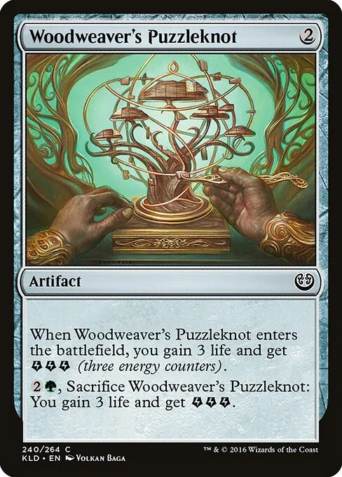 Woodweaver's Puzzleknot, carta Magic di tipo Artifact illustrata da Volkan Baǵa