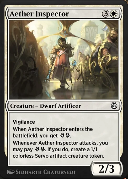 Aether Inspector, carta Magic di tipo Creature — Dwarf Artificer illustrata da Sidharth Chaturvedi