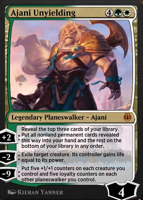 Ajani Unyielding, carta Magic di tipo Legendary Planeswalker — Ajani illustrata da Kieran Yanner