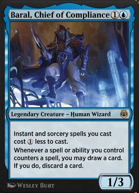Baral, Chief of Compliance, carta Magic di tipo Legendary Creature — Human Wizard illustrata da Wesley Burt