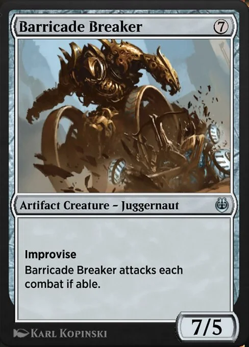 Barricade Breaker, carta Magic di tipo Artifact Creature — Juggernaut illustrata da Karl Kopinski