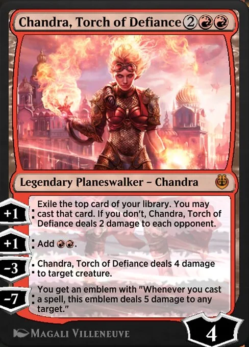 Chandra, Torch of Defiance, carta Magic di tipo Legendary Planeswalker — Chandra illustrata da Magali Villeneuve