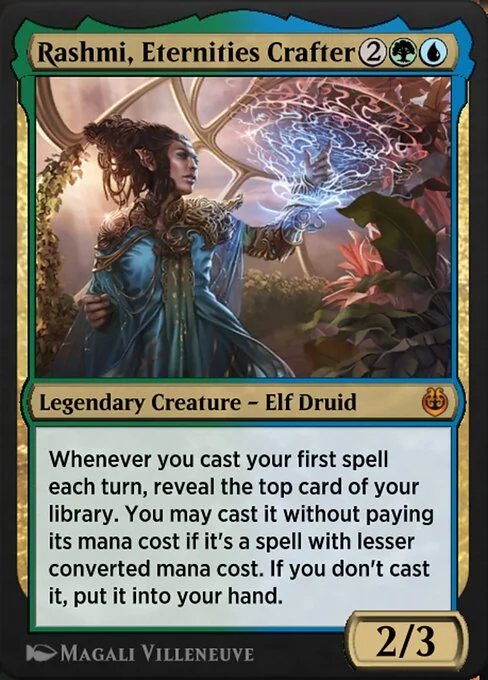 Rashmi, Eternities Crafter, carta Magic di tipo Legendary Creature — Elf Druid illustrata da Magali Villeneuve