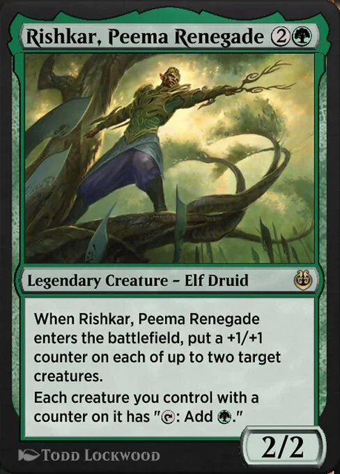 Rishkar, Peema Renegade, carta Magic di tipo Legendary Creature — Elf Druid illustrata da Todd Lockwood