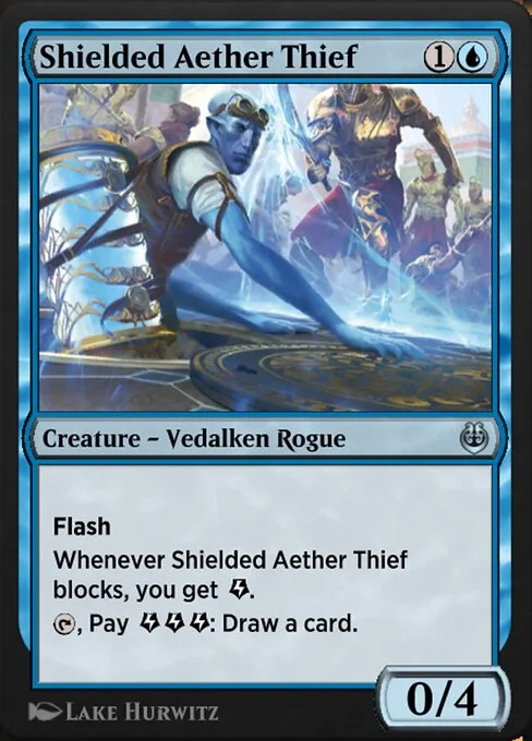 Shielded Aether Thief, carta Magic di tipo Creature — Vedalken Rogue illustrata da Lake Hurwitz