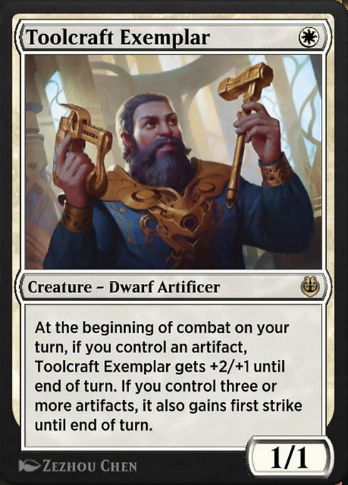 Toolcraft Exemplar, carta Magic di tipo Creature — Dwarf Artificer illustrata da Zezhou Chen